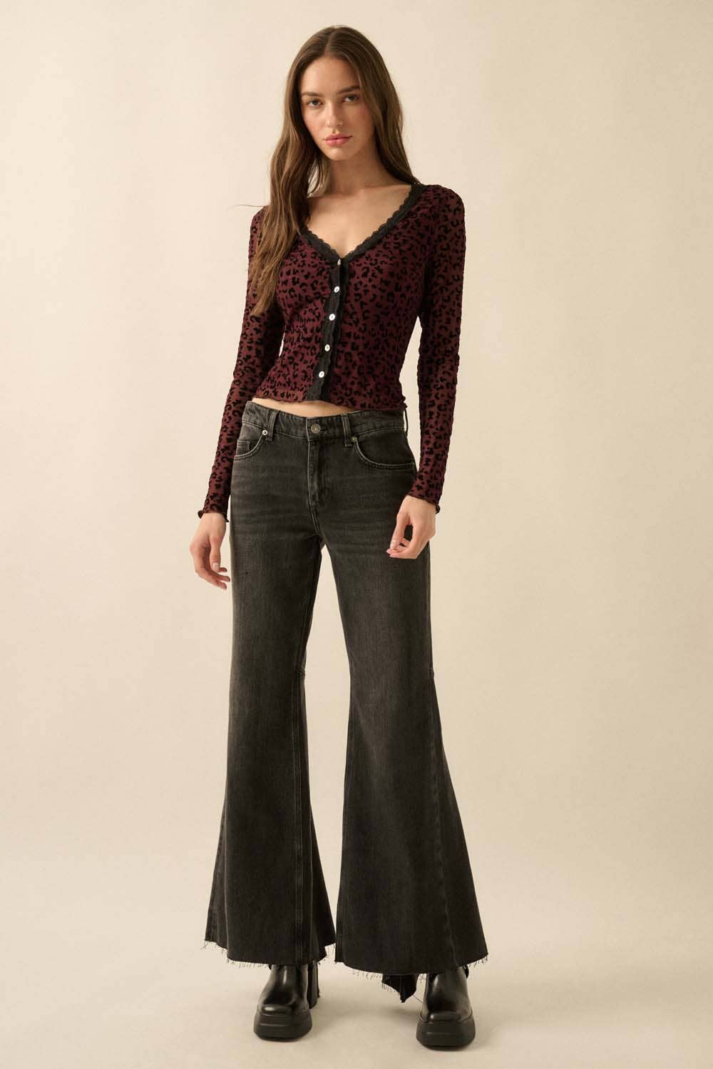 Leopard Mesh Lace-Trim Button-Front Top