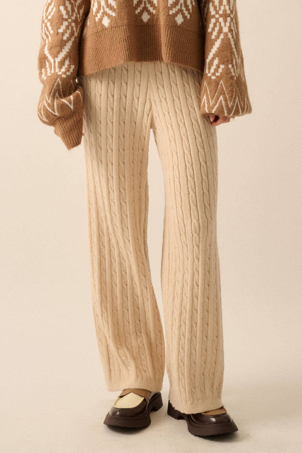 Cable Knit Wide-Leg Sweater Pants