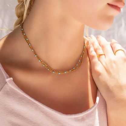 Gold Turquoise Chain Necklace: 16"