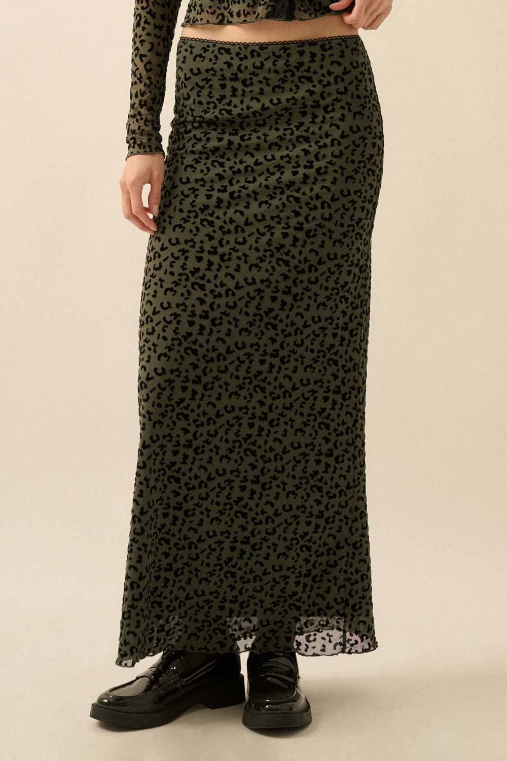 Leopard Mesh Straight Maxi Skirt