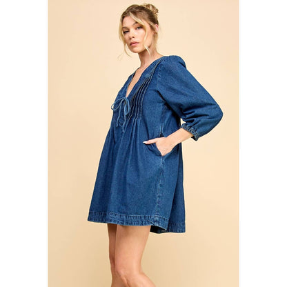 V-neck Pleated Denim Dress