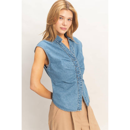 Sleeveless Denim Button-Up Top