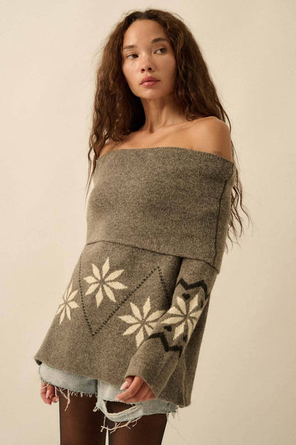 Alpine Knit Off-Shoulder Foldover Sweater
