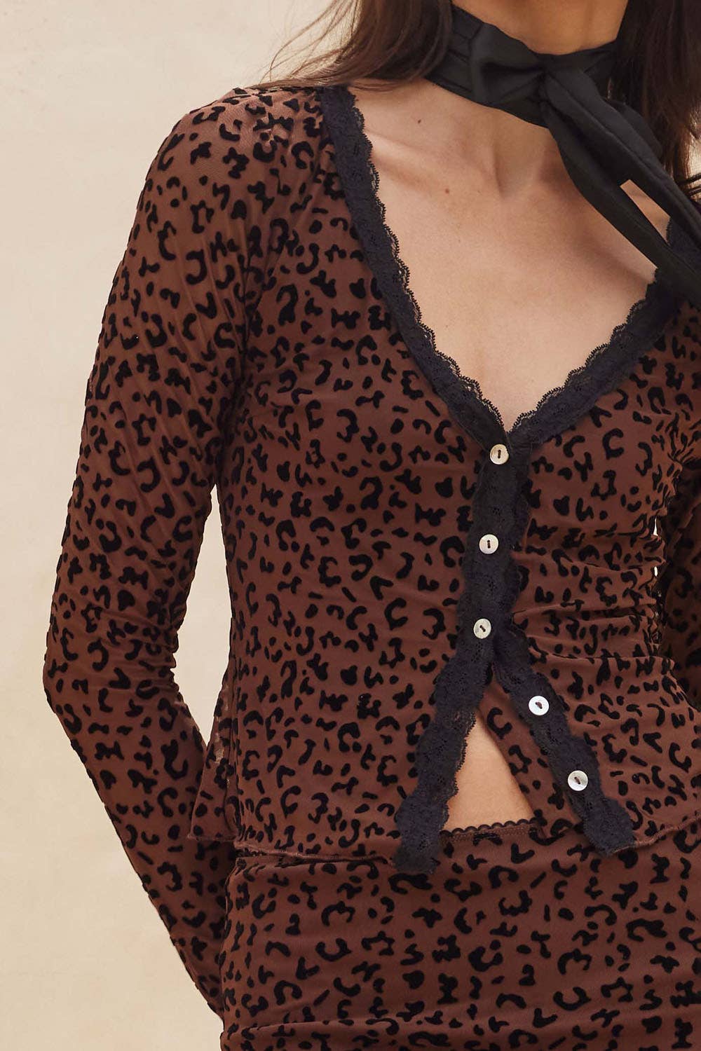 Leopard Mesh Lace-Trim Button-Front Top