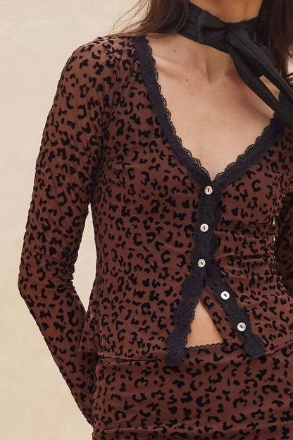 Leopard Mesh Lace-Trim Button-Front Top