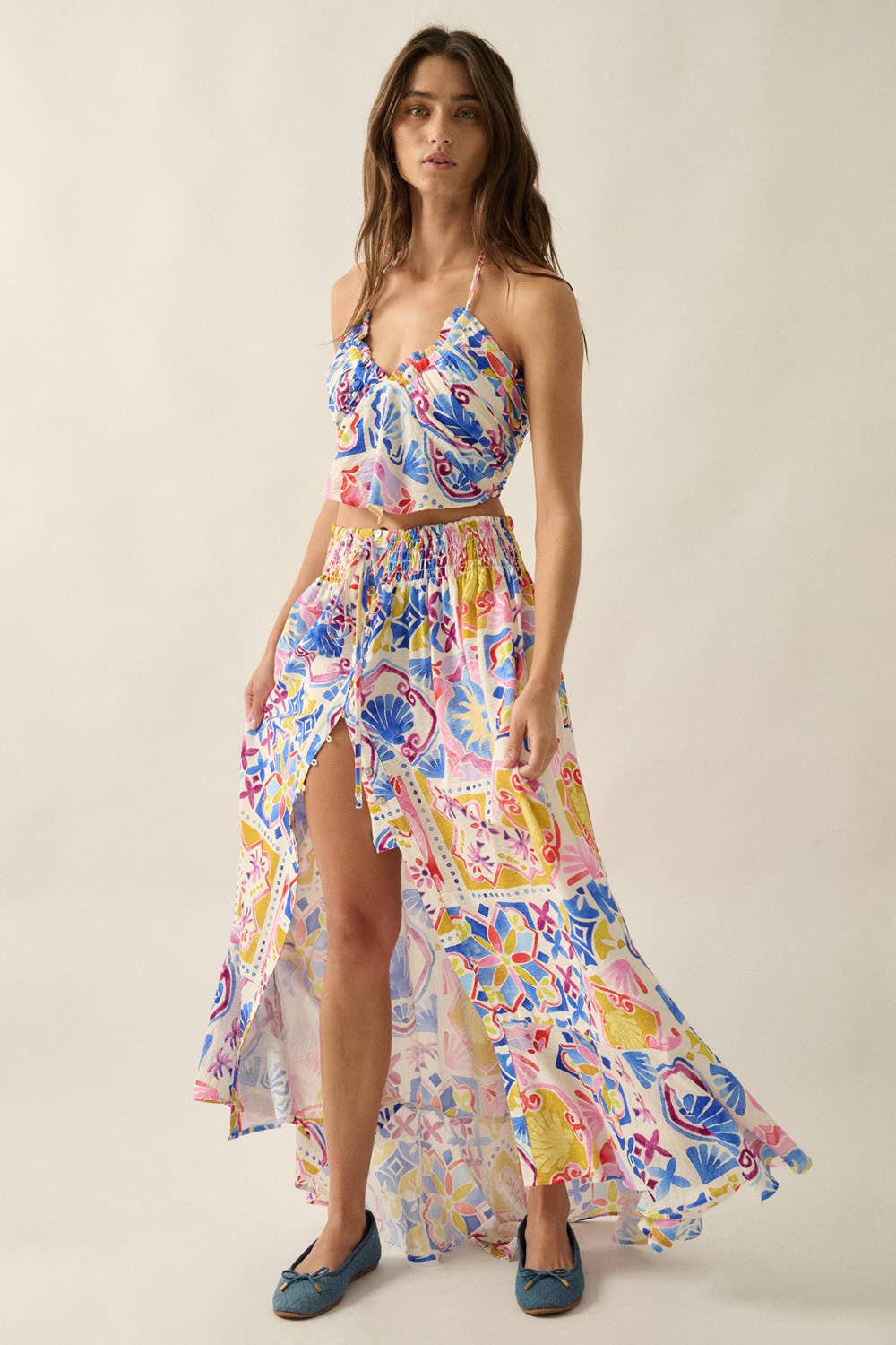 Summer Sun Smocked-Waist Half-Button Maxi Skirt