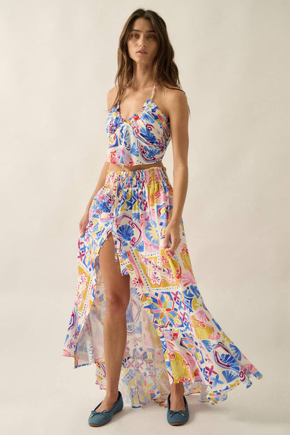 Summer Sun Smocked-Waist Half-Button Maxi Skirt
