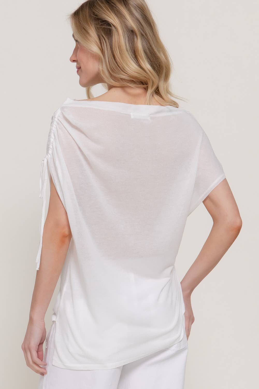 Asymmetric Drawstring Sheer Top