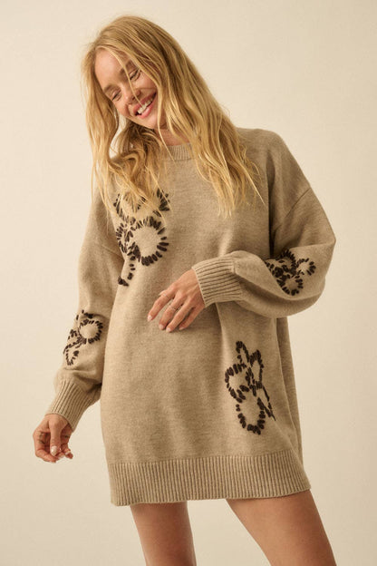 Floral Embroidered Mock-Neck Mini Sweater Dress