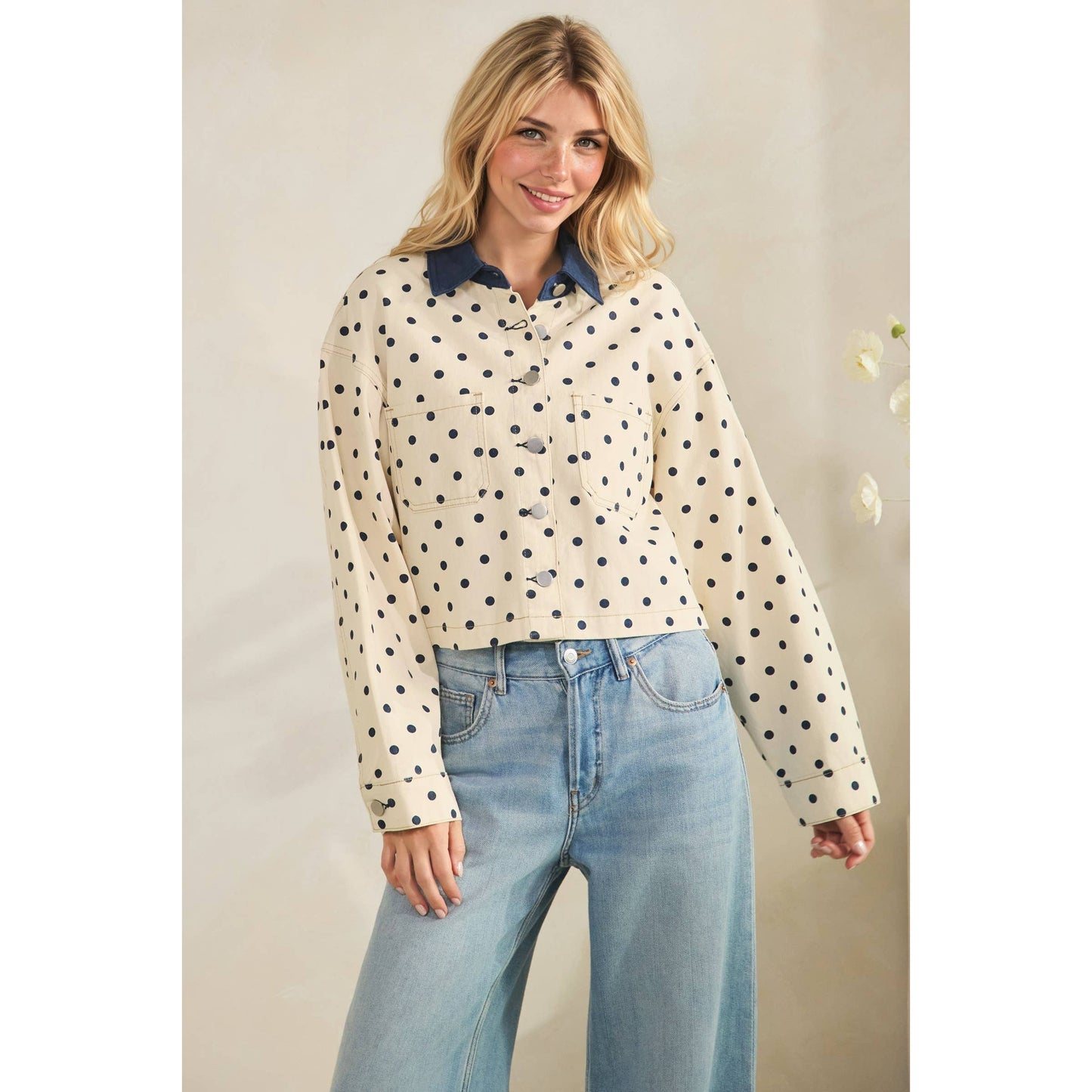 Cropped Polka Dot Denim Jacket