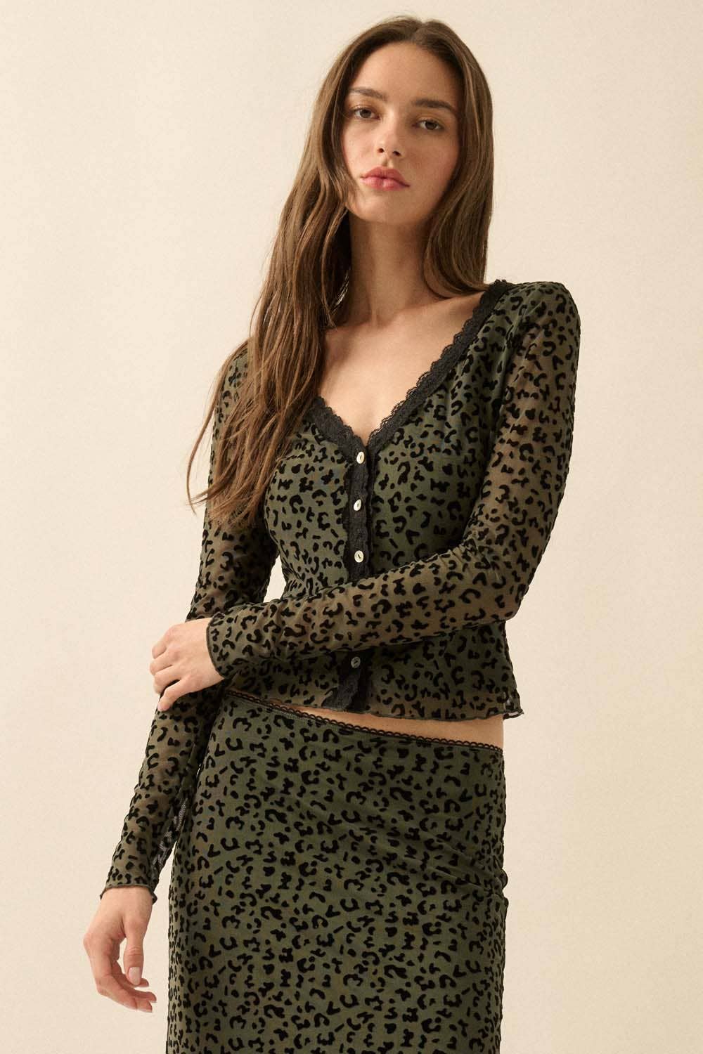 Leopard Mesh Lace-Trim Button-Front Top