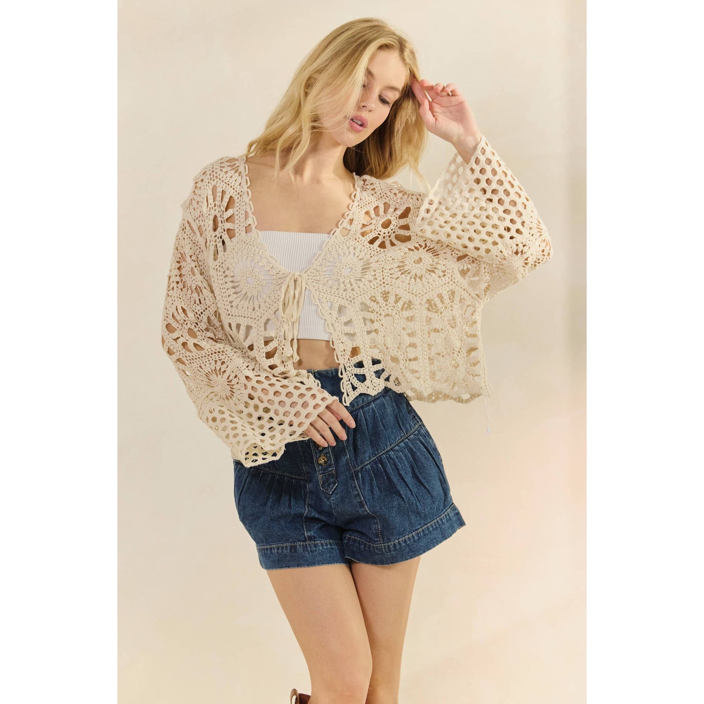 Crochet Bell Sleeve Top with Tie Front