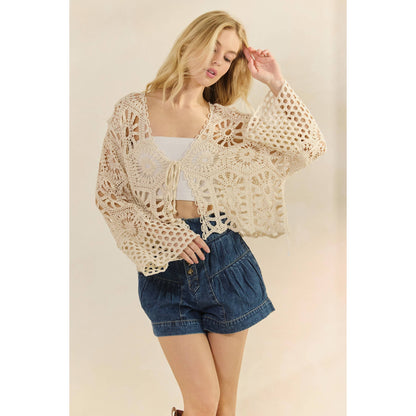Crochet Bell Sleeve Top with Tie Front