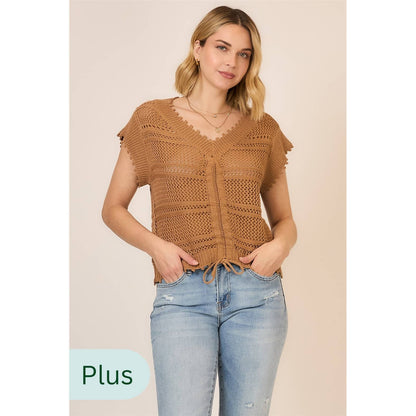 PLUS Ruched V Neck Short Sleeve Top
