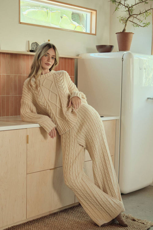 Cable Knit Wide-Leg Sweater Pants