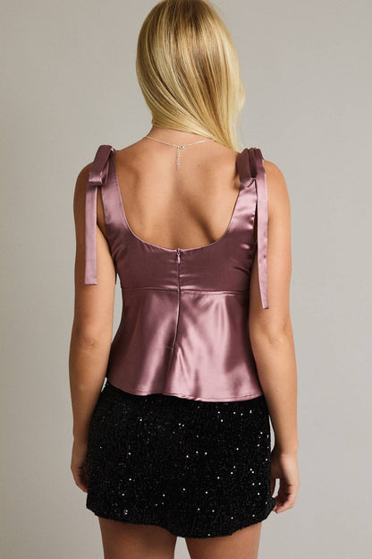 Sleeveless V-Neck Bow Shoulder Satin Top