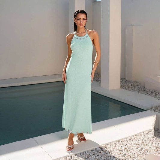 Shell Button Halter Maxi Dress