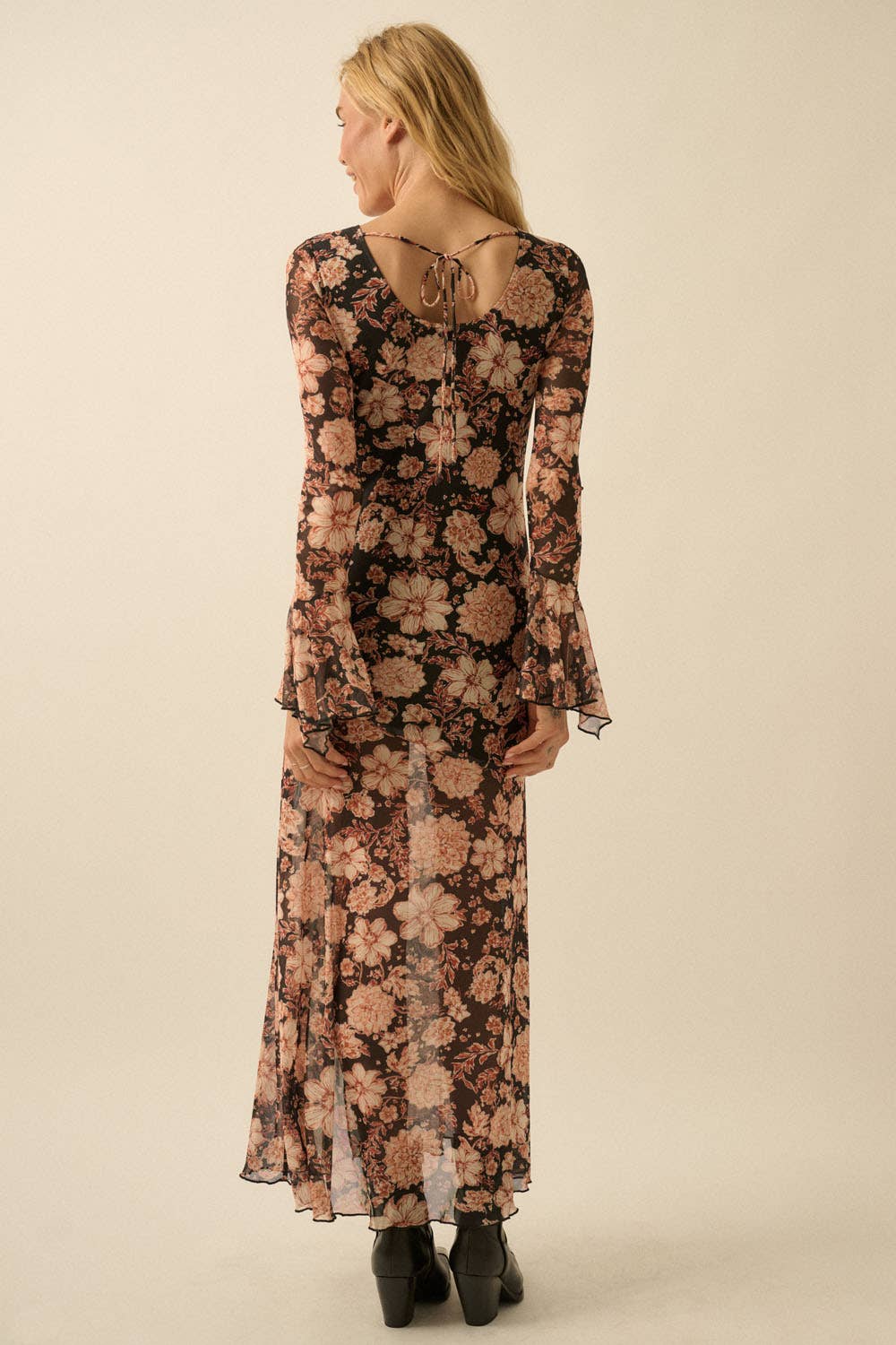 Floral Trumpet-Sleeve Asymmetrical Maxi Dress