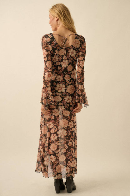 Floral Trumpet-Sleeve Asymmetrical Maxi Dress