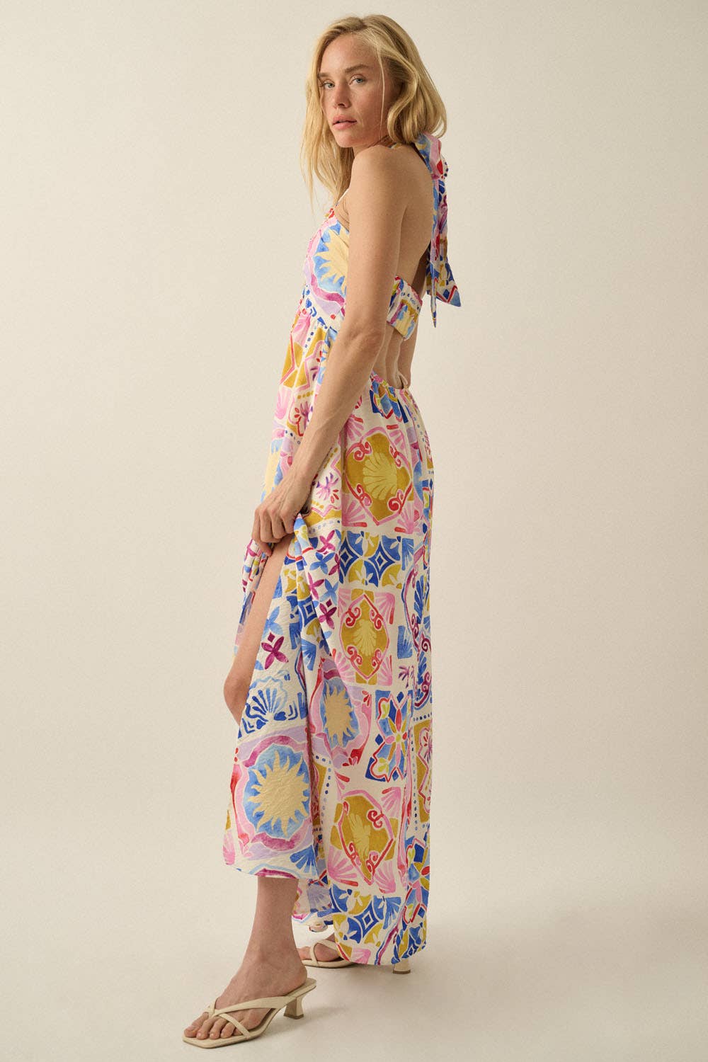 Summer Sun Open-Back Halter Maxi Dress