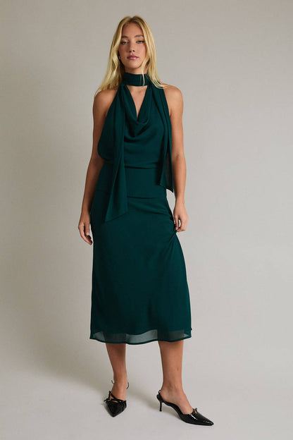 Halter Cowl Neck Midi Dress