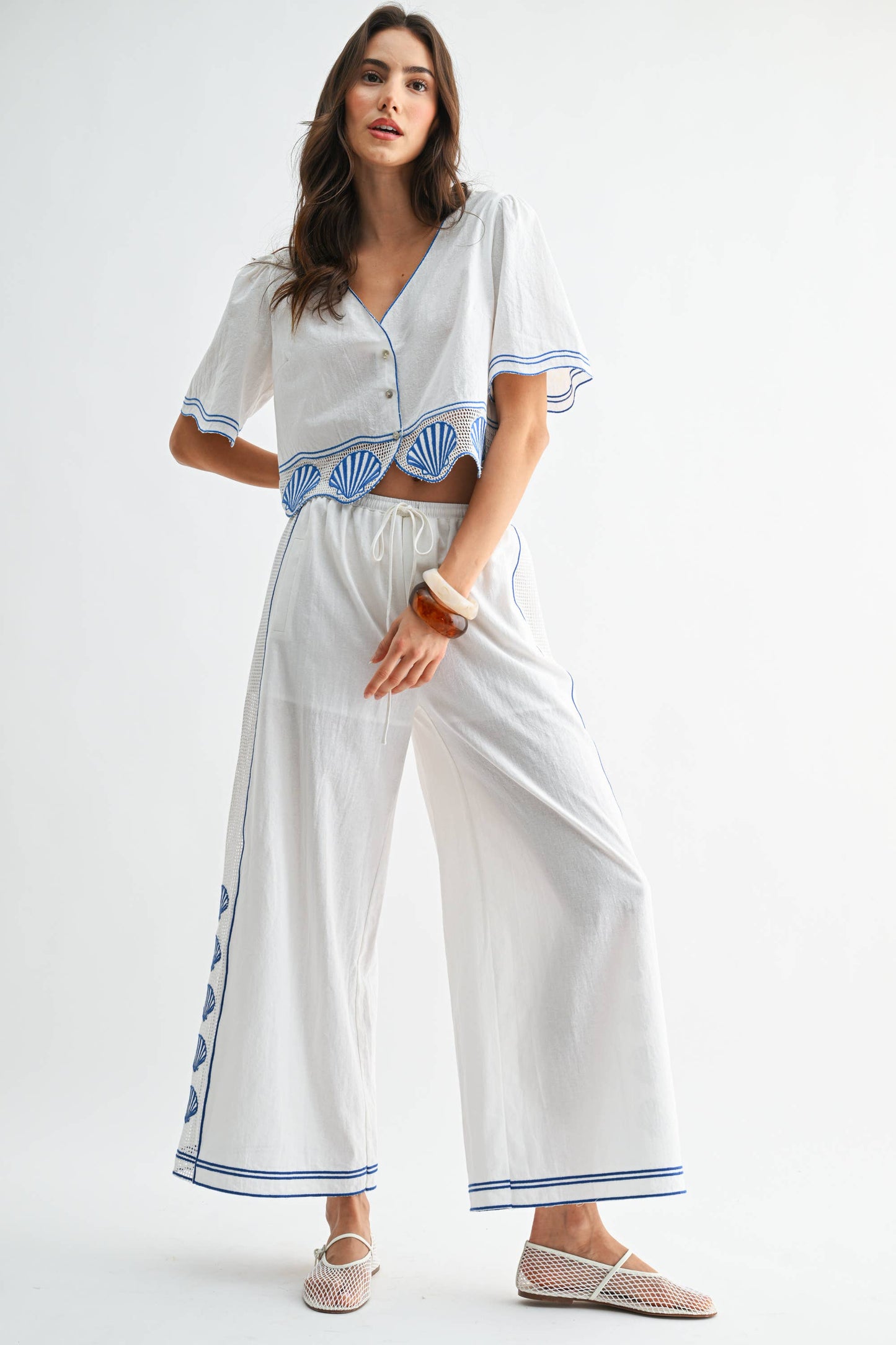 Scallop Embroidered Wide-Leg Pants