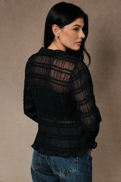 Shirred Long Sleeve Collared Shirt