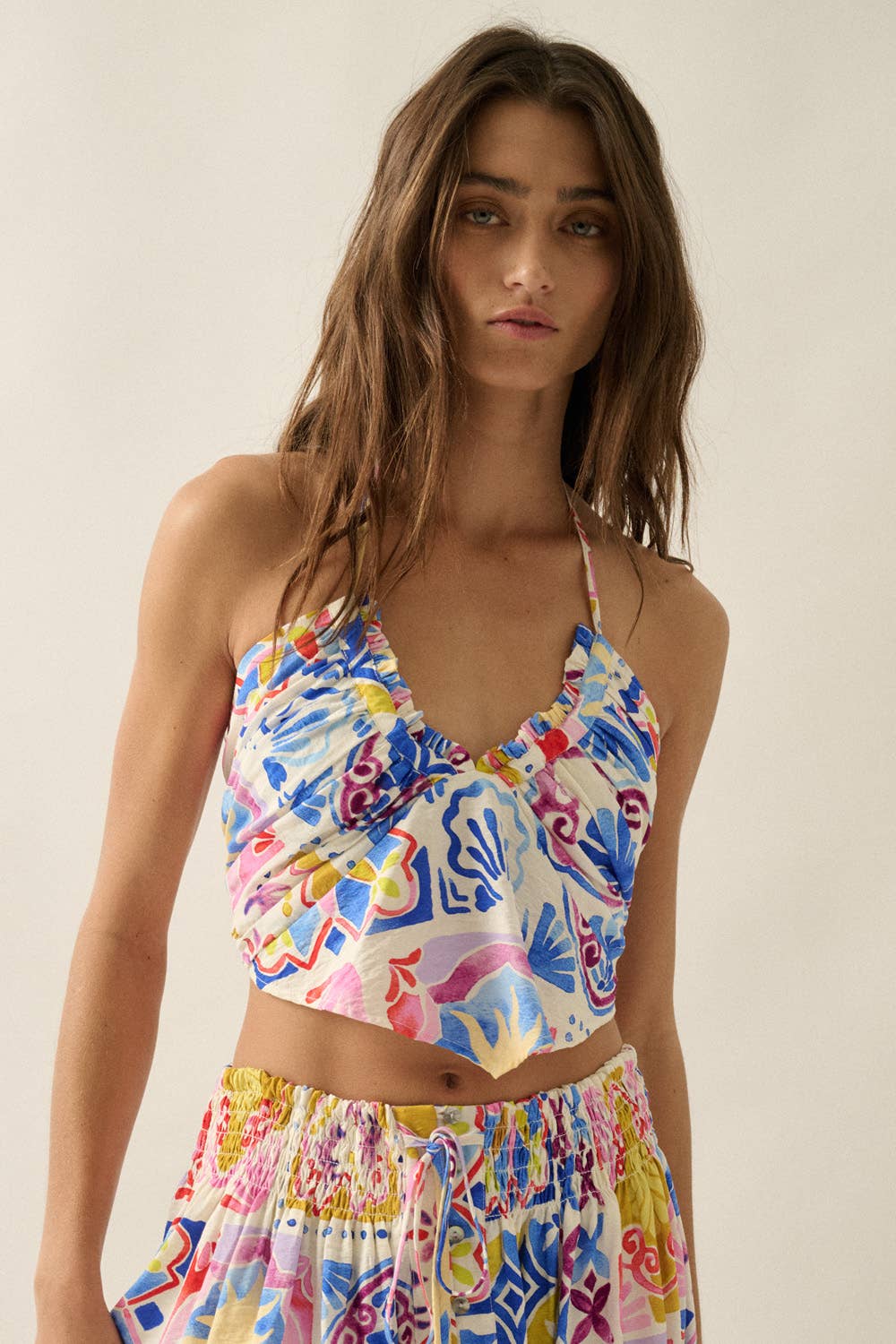 Summer Sun Gathered Handkerchief Halter Crop Top