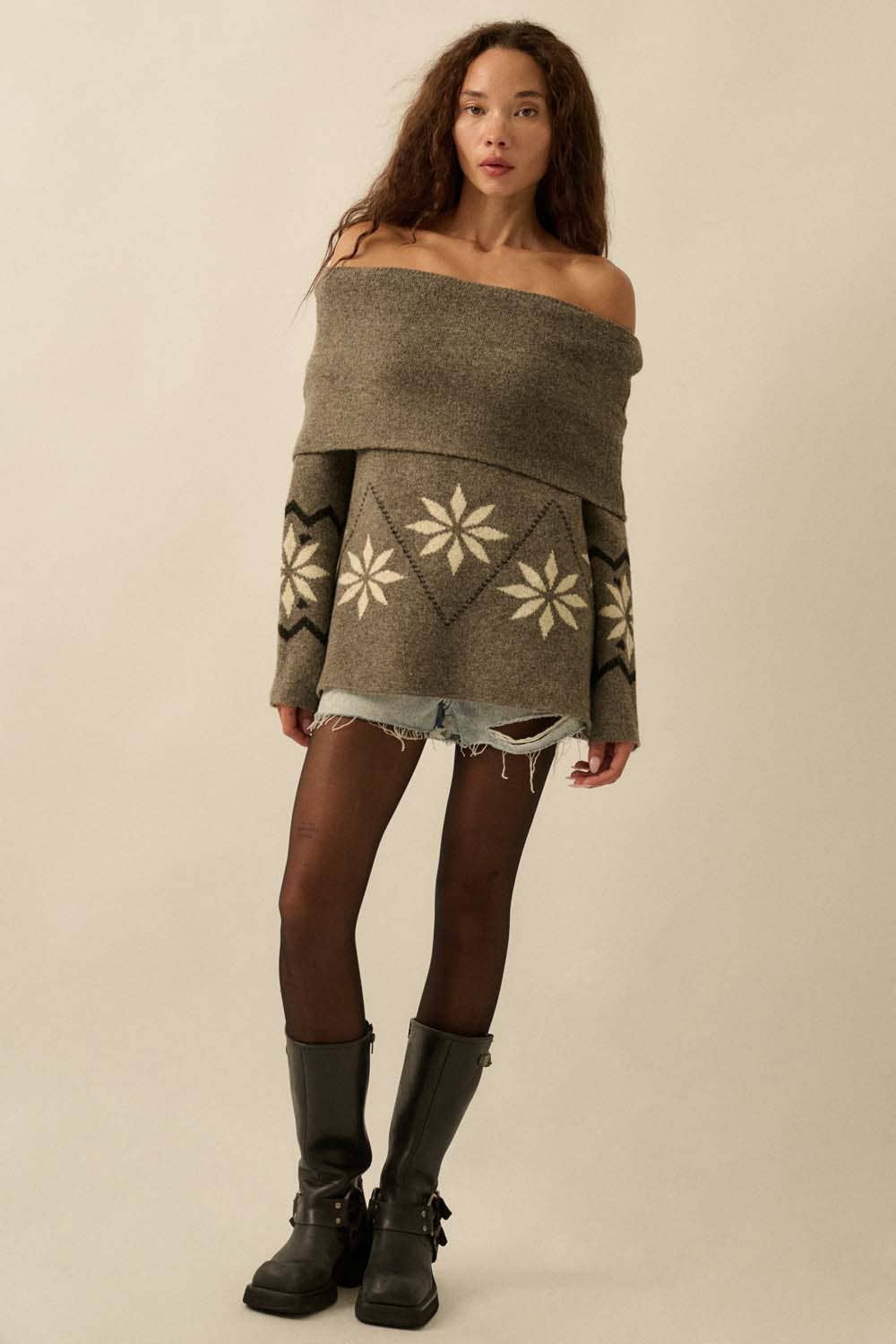 Alpine Knit Off-Shoulder Foldover Sweater