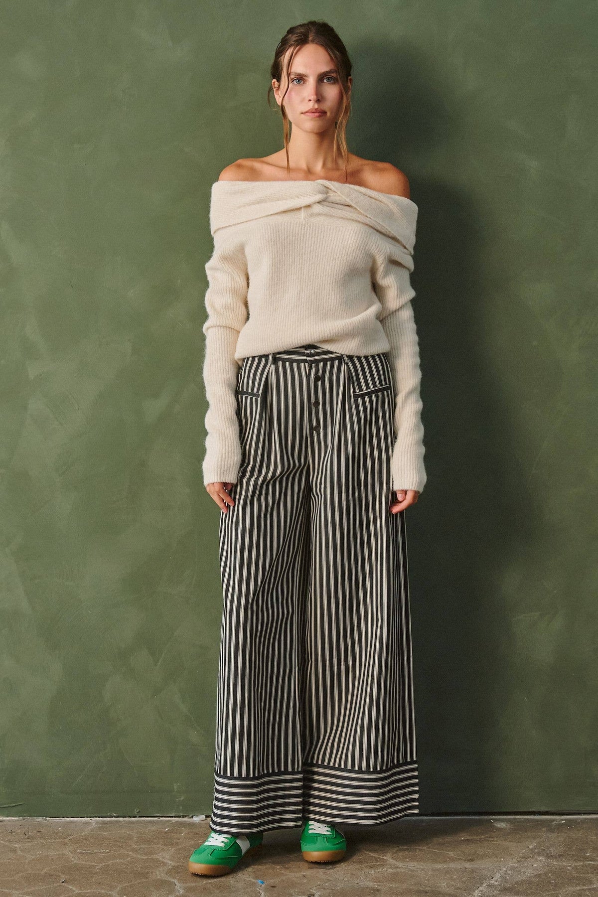 Stripe Button Wide Trouser Pants