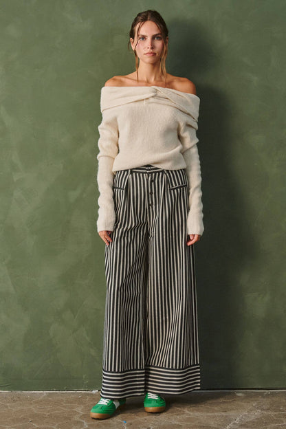 Stripe Button Wide Trouser Pants