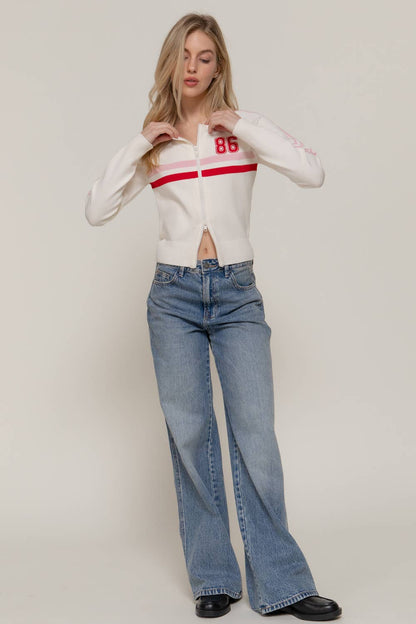 86 Line Detail Zip-Up Sweater Cardigan