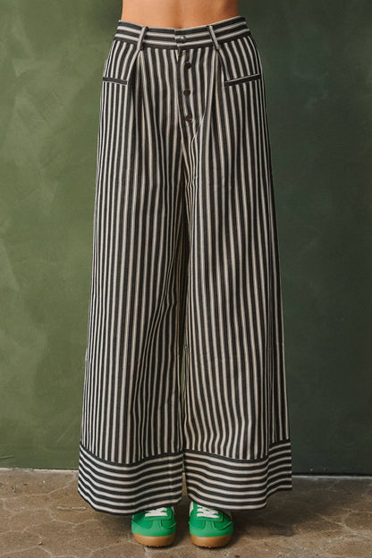 Stripe Button Wide Trouser Pants