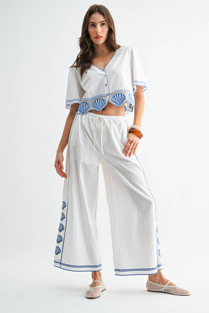 Scallop Embroidered Wide-Leg Pants