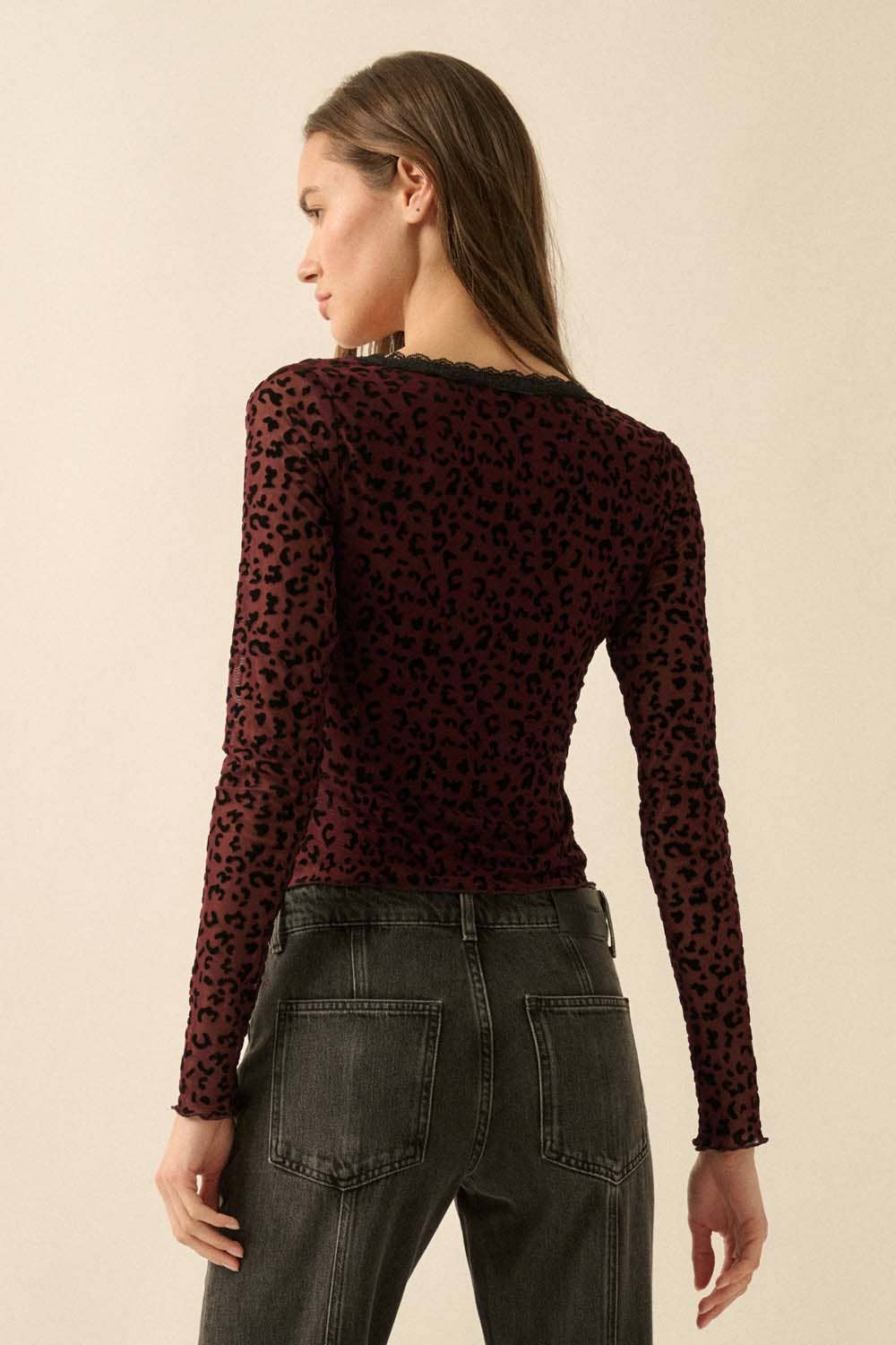 Leopard Mesh Lace-Trim Button-Front Top