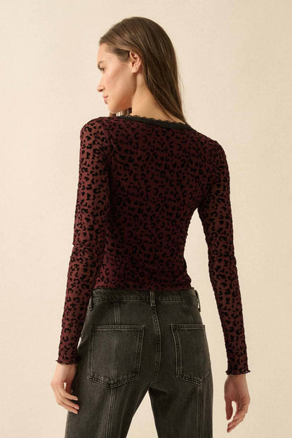 Leopard Mesh Lace-Trim Button-Front Top