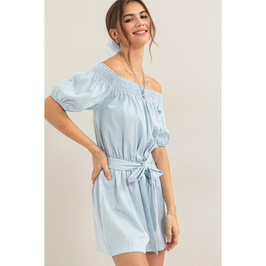 Denim Pin-striped Off Shoulder Romper