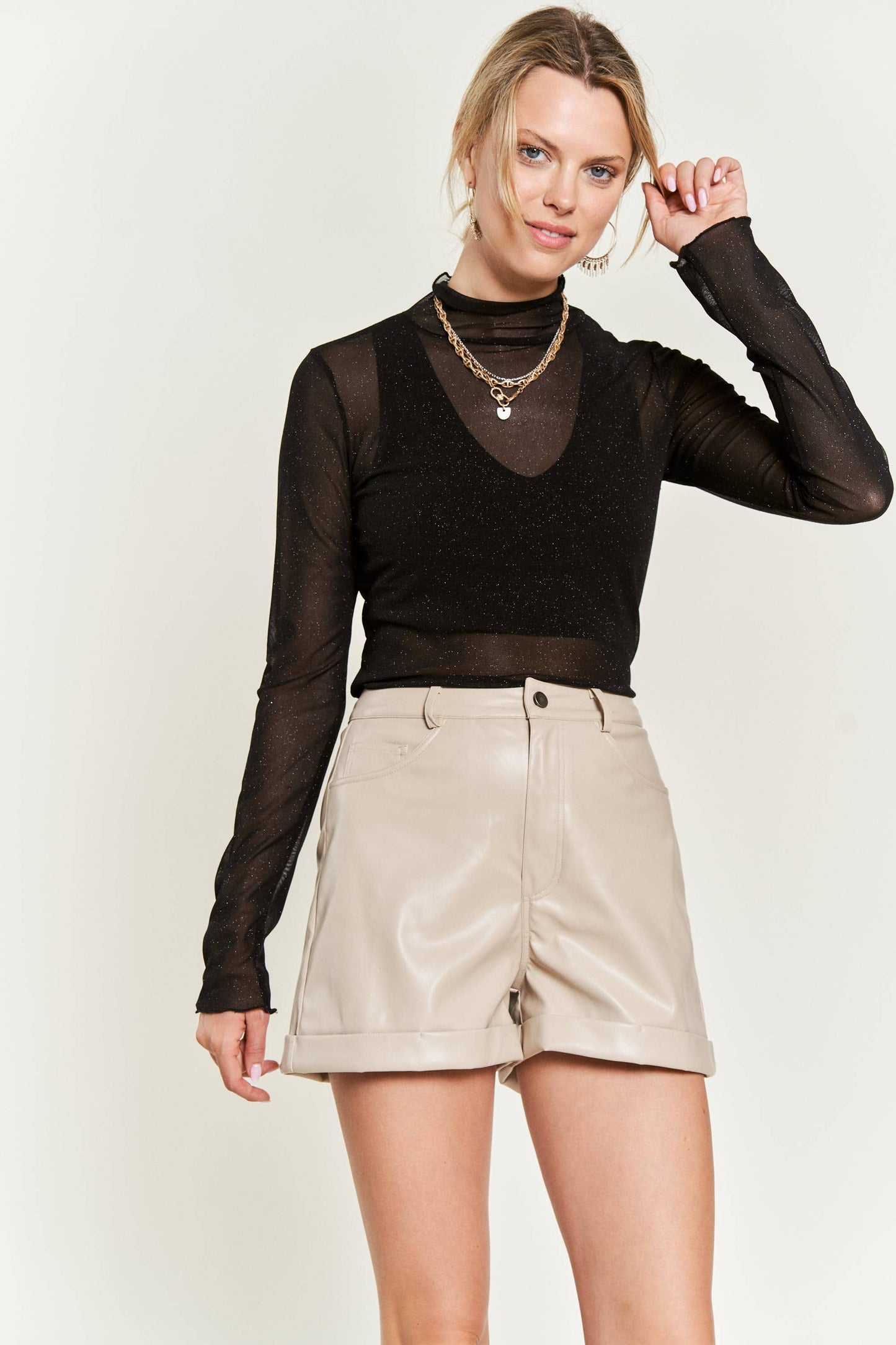 Glitter Mesh Mock Neck Top