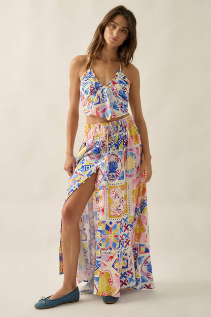 Summer Sun Smocked-Waist Half-Button Maxi Skirt
