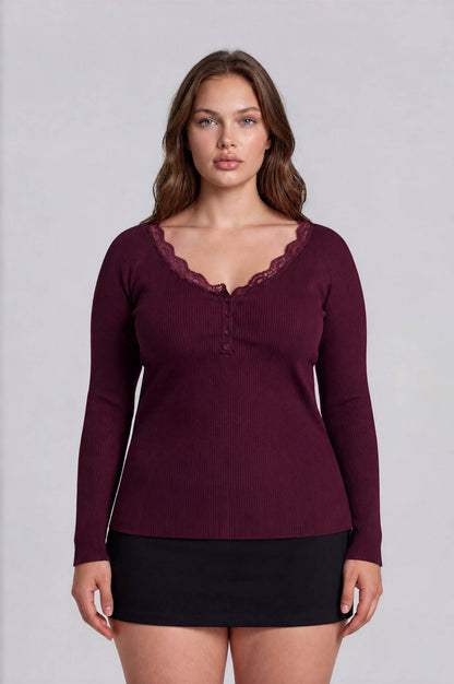 PLUS Lace Trim Henley Knit Top