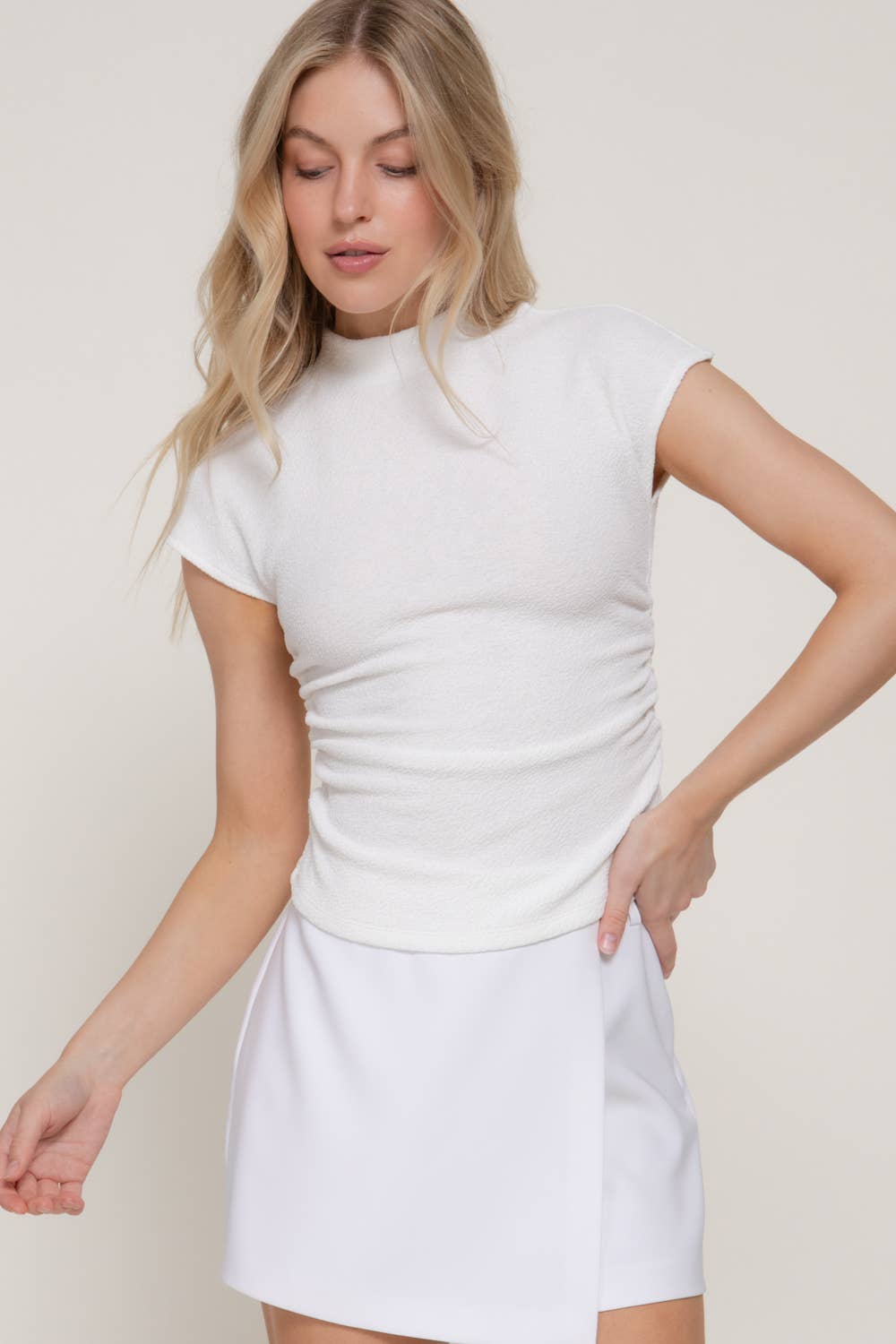 Mock Neck Side Ruched Knit Top