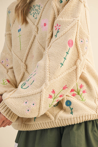 FLORAL EMBROIDERED LATTICE CABLE SWEATER
