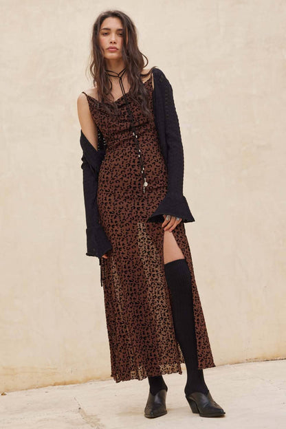 Flocked Leopard Mesh Cowl-Neck Maxi Dress