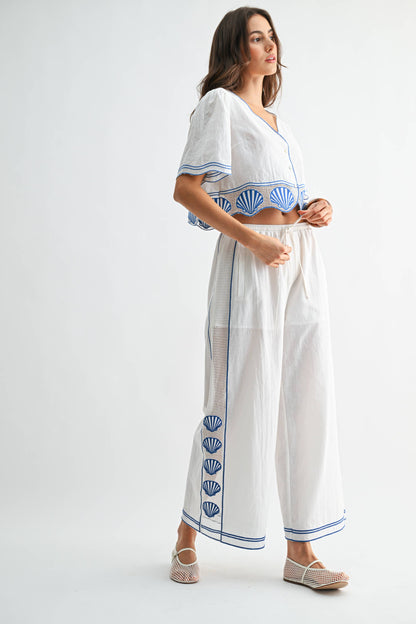 Scallop Embroidered Wide-Leg Pants