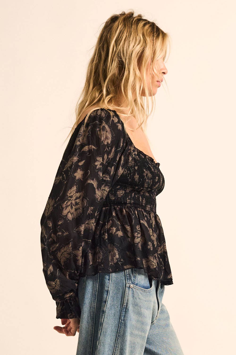 Floral Peplum Bubble-Sleeve Top