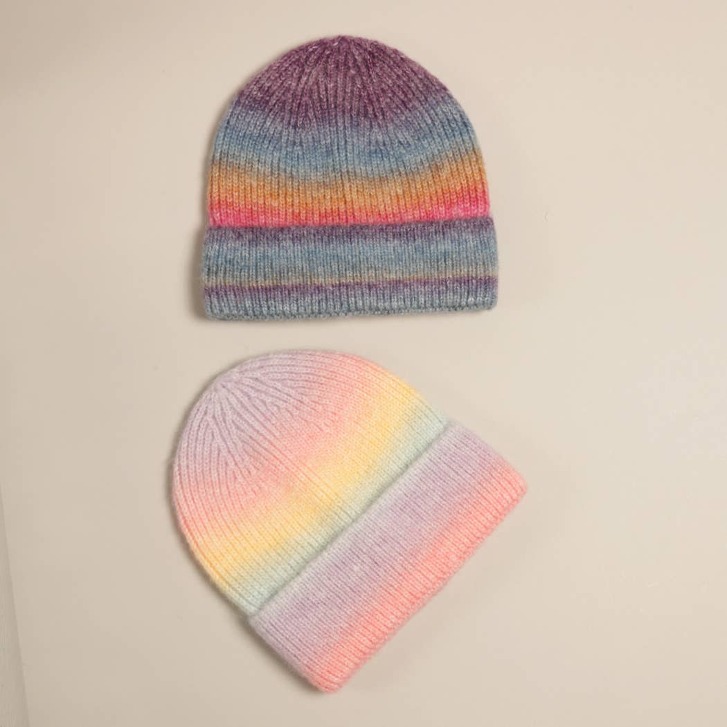 Gradient Ribbed Cuff Knit Beanie Hat