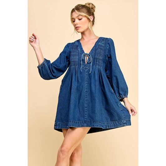V-neck Pleated Denim Dress