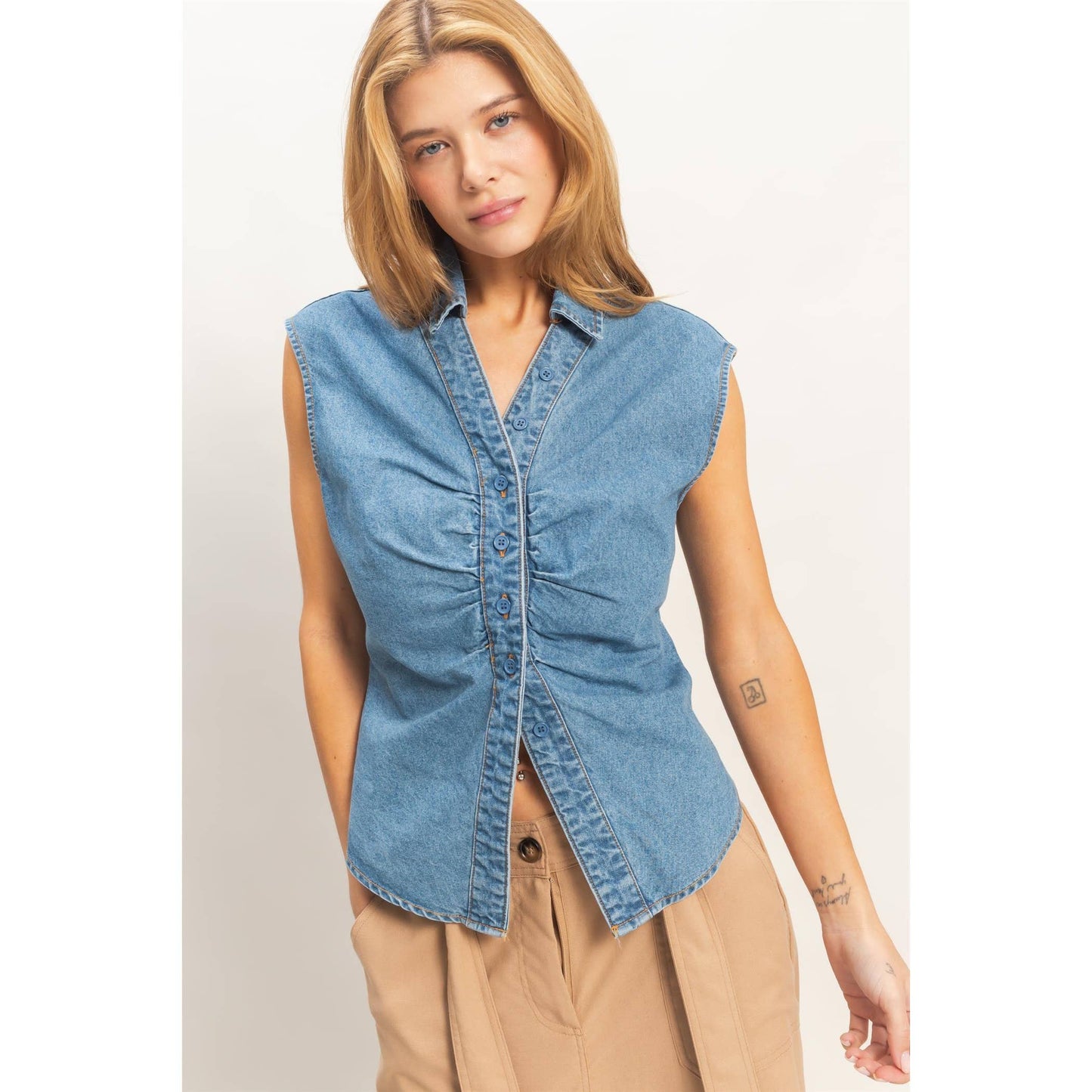 Sleeveless Denim Button-Up Top