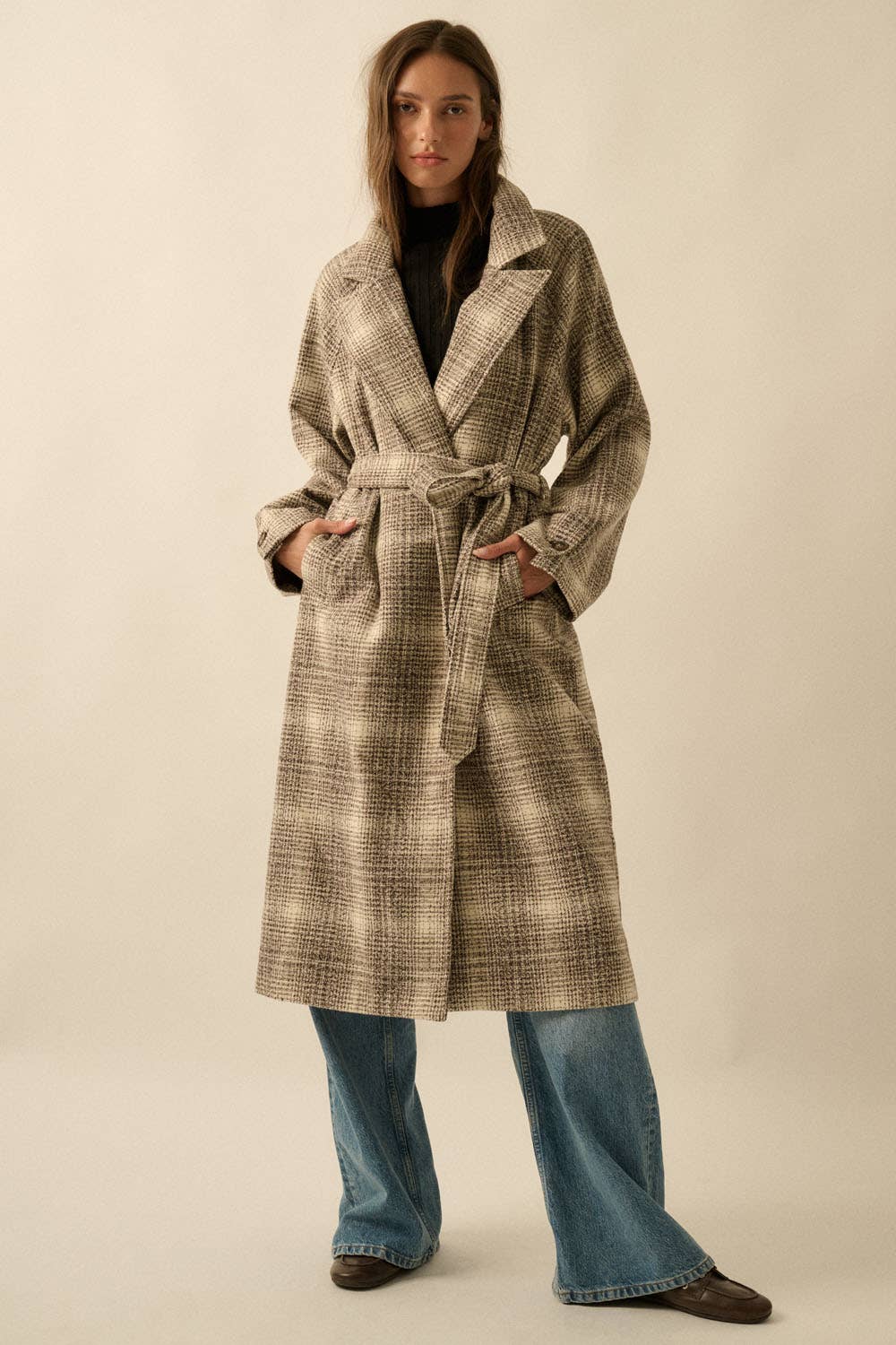Plaid Tweed Open-Front Belted Raglan Overcoat