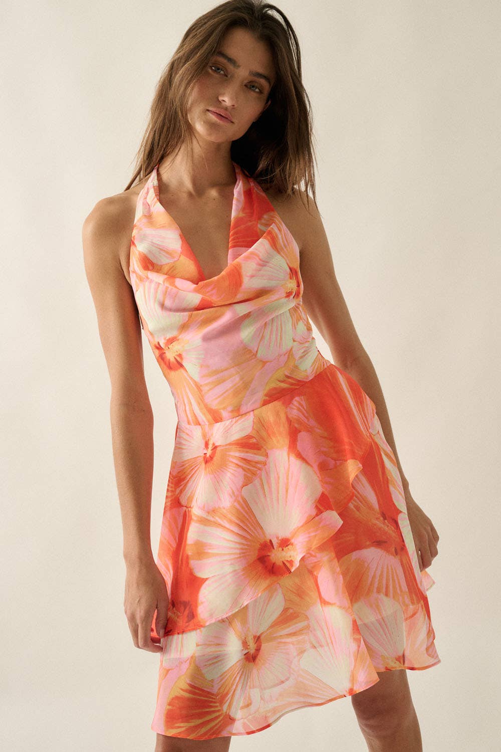 Floral Chiffon Halter Mini Dress